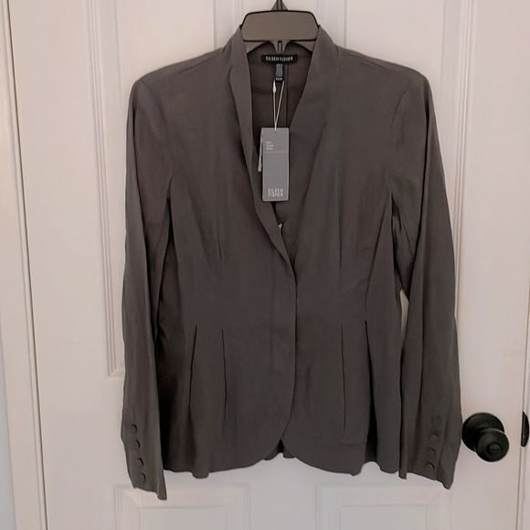 NWT Eileen Fisher High Collar Gray Linen Peplum Jacket - Picture 2 of 5
